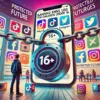 デジタルロックが描かれたイラストで、SNSアイコン（TikTok、Instagram、Xなど）が鎖と「16+」のラベルで保護されている。ロックの外側では、好奇心旺盛な子供が覗き込み、親がそばで見守る姿が描かれている。背景にはスマートフォンの画面風のインターフェースが広がり、「保護された未来」や「新たな課題」の文字が淡く表示されている。