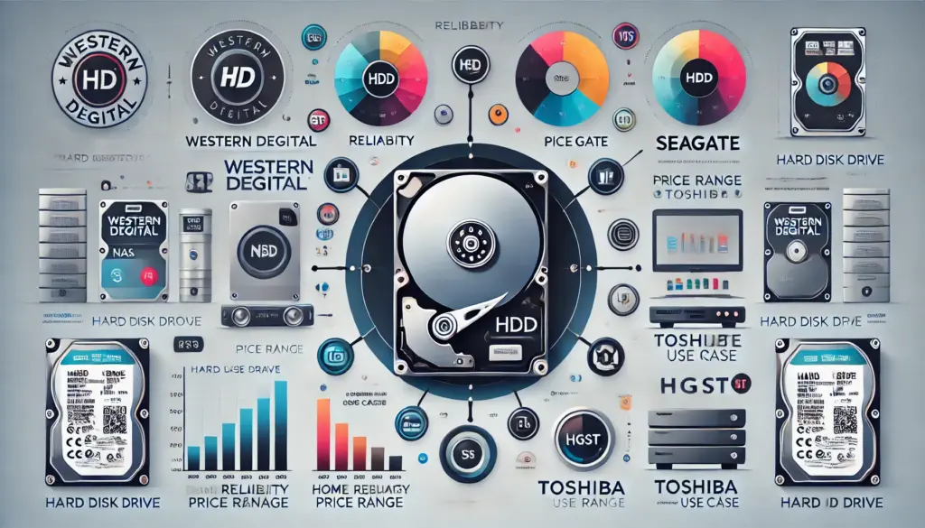 HDD主要メーカーの比較イメージ。背景に大容量データを象徴する青いデジタルサーバールームが描かれ、手前に4つのHDDが並ぶ。左から順にWestern Digital（青いライン）、Seagate（緑色のライン）、Toshiba（赤いライン）、HGST（白いライン）が特徴的に配置され、それぞれの用途や信頼性が示されている。サーバールームの光沢とHDDの金属的な質感がリアルに表現され、テクノロジーの先進性を感じさせる構図。