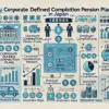 企業型確定拠出年金の仕組みを解説するイラスト。図は以下の要素を含みます：中央に企業型確定拠出年金を示すタイトル。左側に企業が毎月拠出する掛金を表すアイコン。右側に従業員が運用商品を選び、投資信託や定期預金に分散投資する様子を示す矢印とアイコン。下部に、従業員が60歳以降に資金を受け取るプロセスを説明する一時金と年金の選択肢が描かれています。