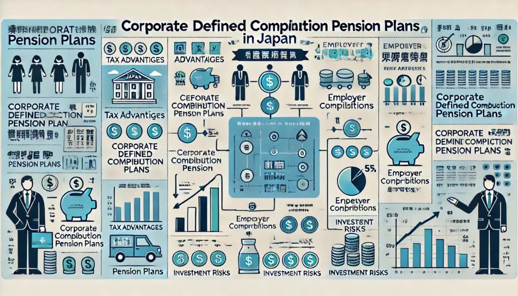 企業型確定拠出年金の仕組みを解説するイラスト。図は以下の要素を含みます：中央に企業型確定拠出年金を示すタイトル。左側に企業が毎月拠出する掛金を表すアイコン。右側に従業員が運用商品を選び、投資信託や定期預金に分散投資する様子を示す矢印とアイコン。下部に、従業員が60歳以降に資金を受け取るプロセスを説明する一時金と年金の選択肢が描かれています。