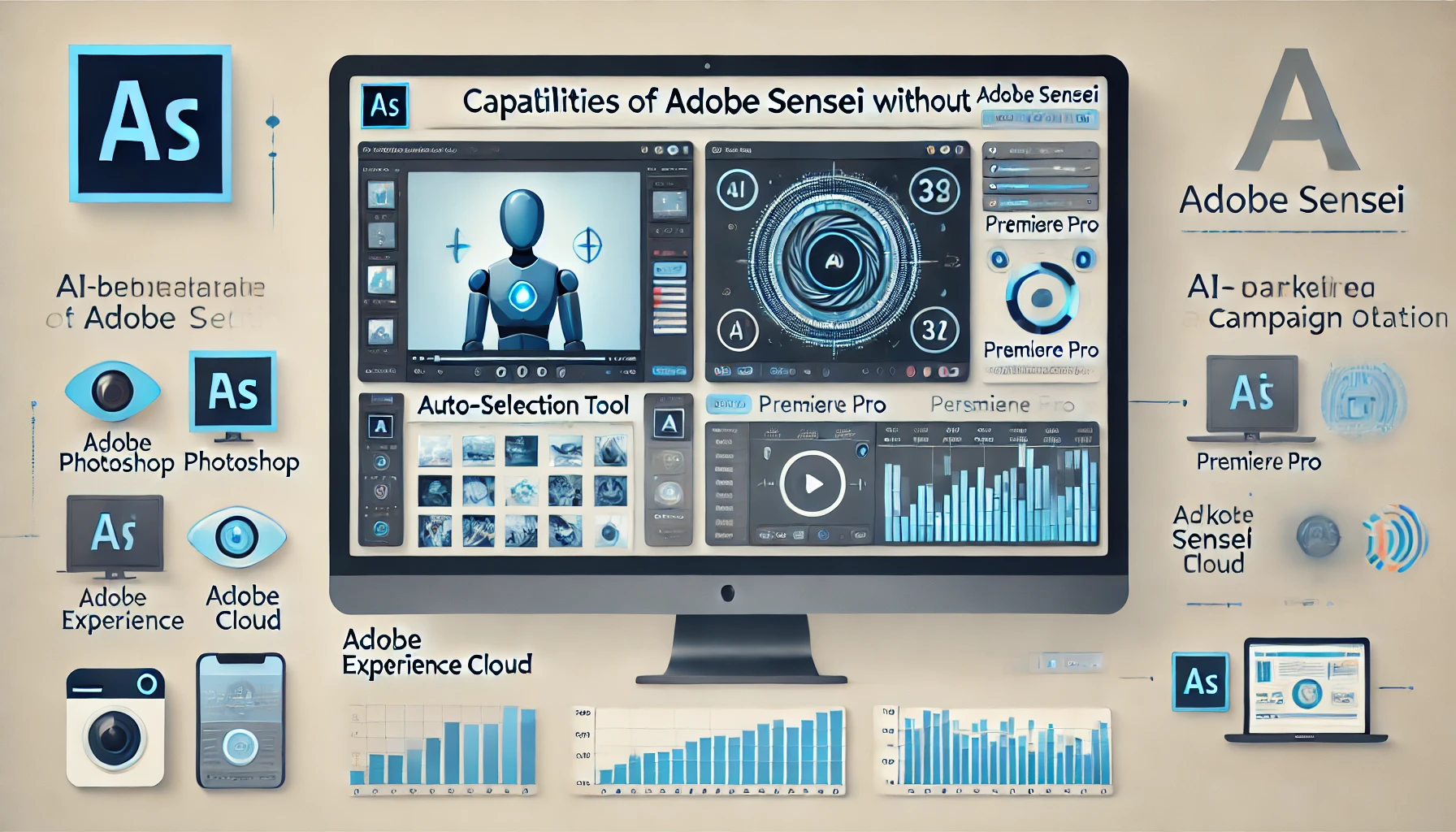 画像には、Adobe Senseiの主要な機能を視覚的に表現した内容が描かれています。画面中央には、クリエイティブなデザインや作業を象徴するインターフェースの断片が配置されています。左側にはPhotoshopの被写体自動選択機能を示すアイコンやグラフィック、右側にはPremiere Proの自動リフレーム機能を表す動画編集の断面図が表示されています。さらに、背景にデータ分析やマーケティングダッシュボードを象徴するグラフや統計のビジュアルが加えられ、Senseiが提供する幅広い機能がシンプルで未来的なスタイルで表現されています。