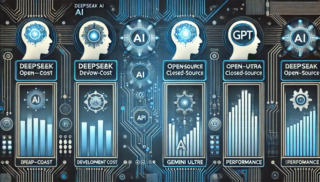 DeepSeek vs ChatGPT vs Gemini Ultra」の比較インフォグラフィック。各AIモデルの開発コスト、オープンソース性、性能を示したデータ表が中央に配置され、背景には未来的な回路パターンが描かれている。DeepSeekは低コストかつオープンソース、ChatGPTは豊富な学習データ、Gemini Ultraはマルチモーダル対応が特徴として強調されている。